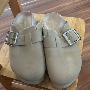 Madden Girl Taupe Buckle Mules